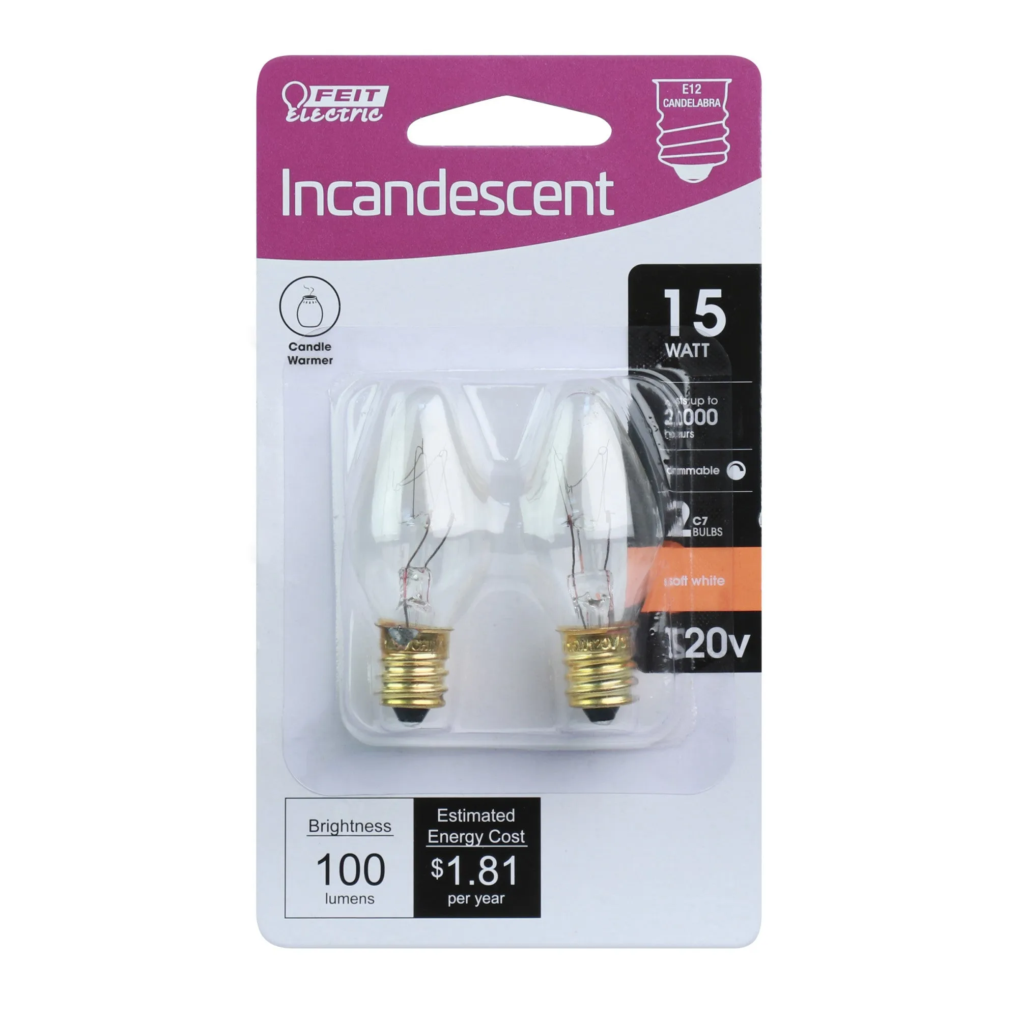 15W Soft White (2700K) E12 Base C7 Incandescent Light Bulb (2-Pack)