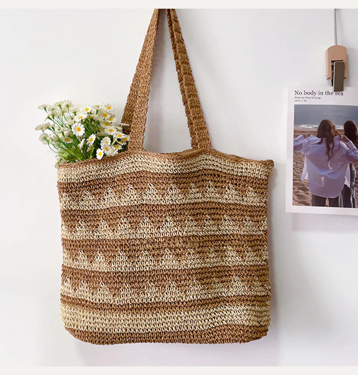 Elena Handbags Patterned Straw Woven Tote Shoulder Bag