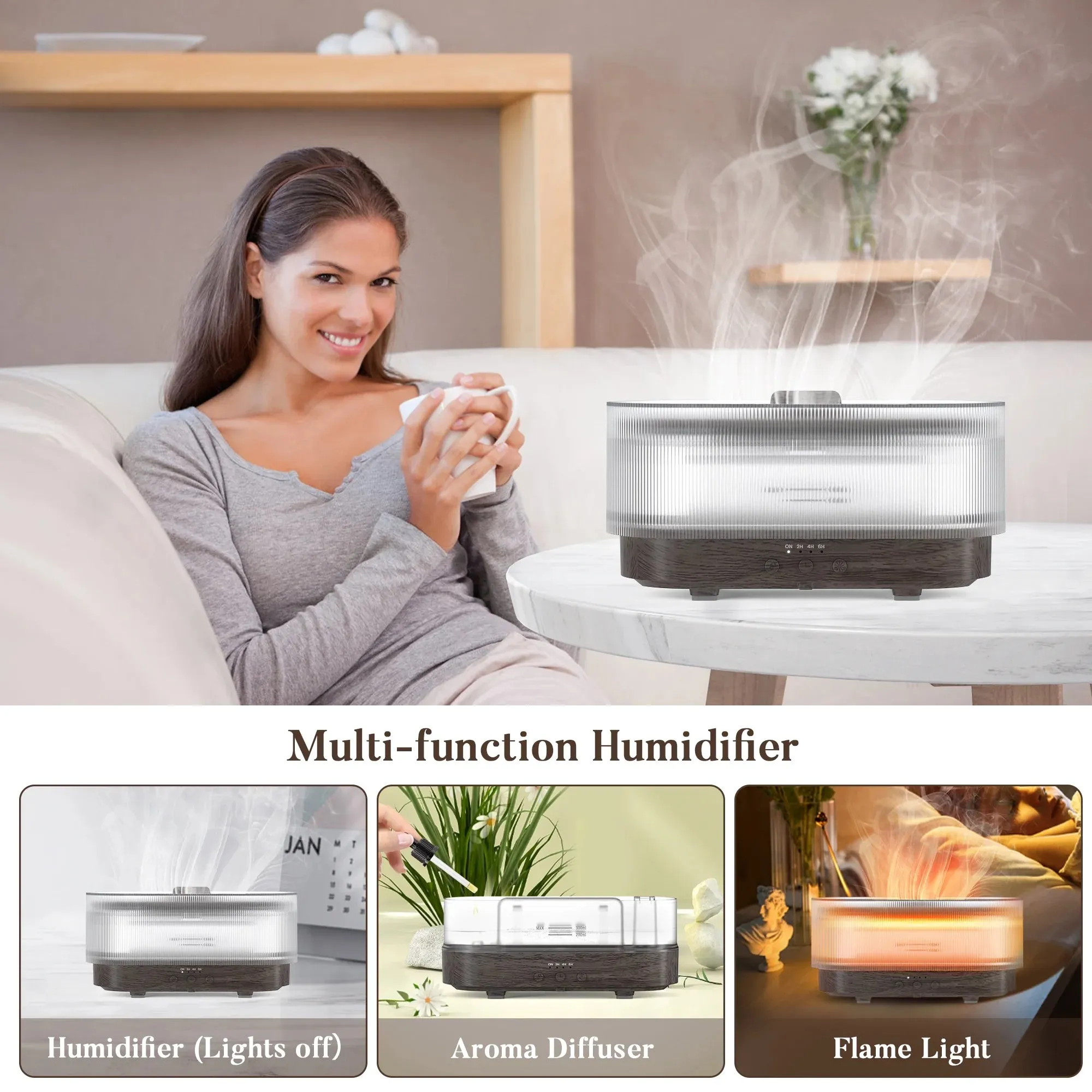 Essential Oil Diffuser for Home Bedroom, 300Ml Cool Mist Humidifier with Flame Light, 6 Colors Changed, Dark Wood Grain