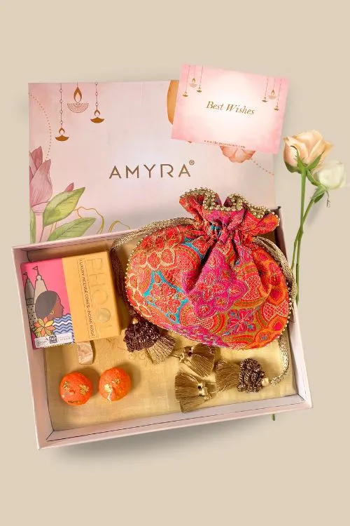 Gift hamper - Amna embroidered red potli - Aroma & Candle box