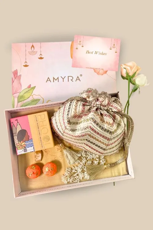 Gift hamper - Fiza embroidered potli - Aroma & Candle box