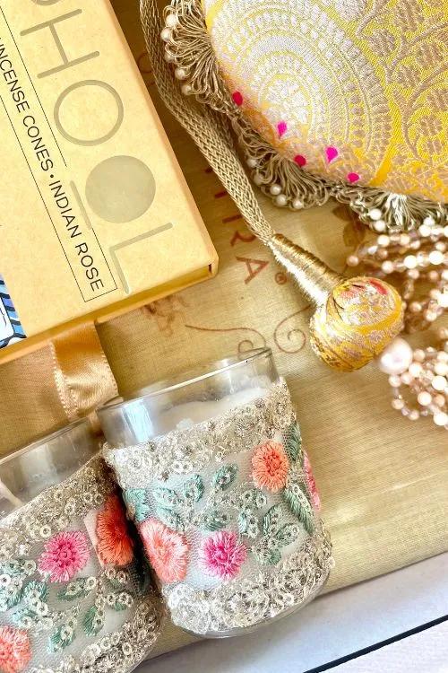 Gift hamper - Kashi yellow banarasi silk potli - Aroma & Floral candle box