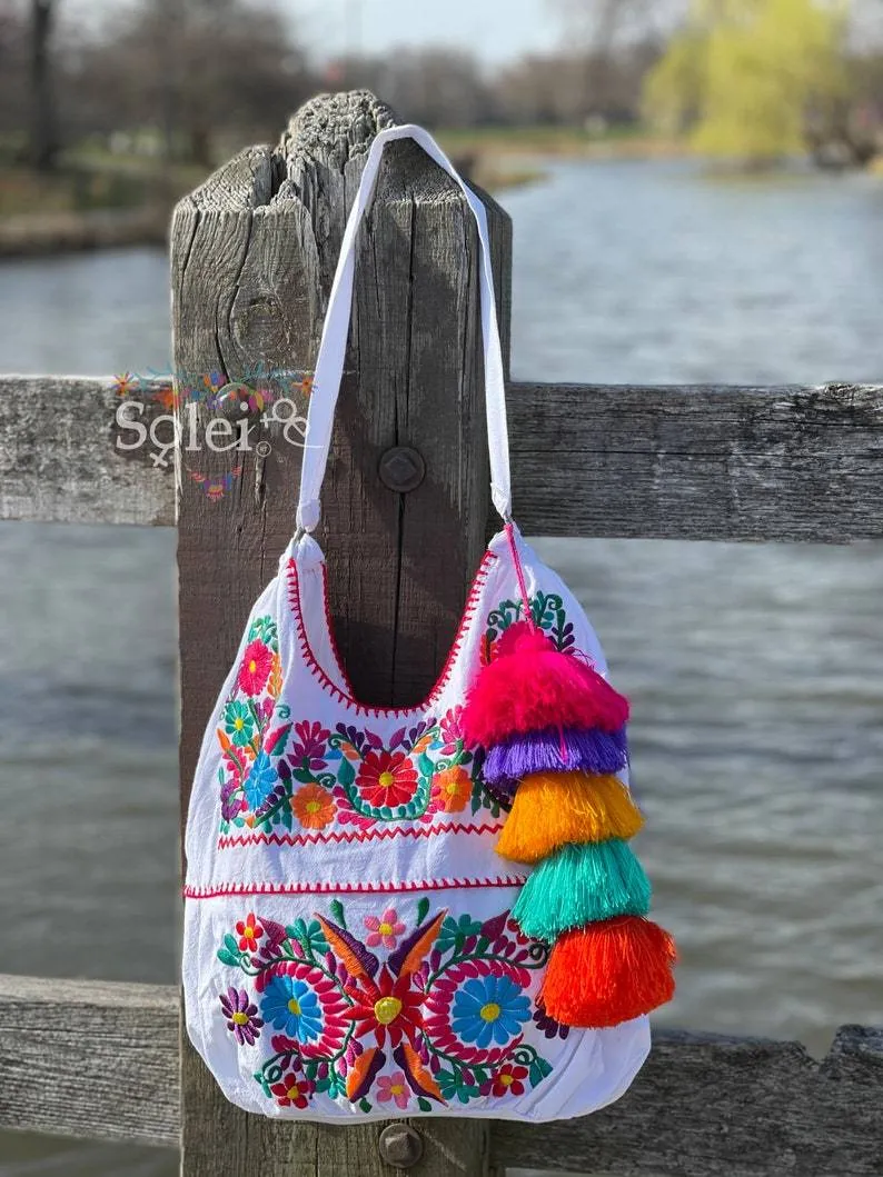 Traditional Mexican Floral Embroidered Bag. Morral Solei with PomPom Tassel