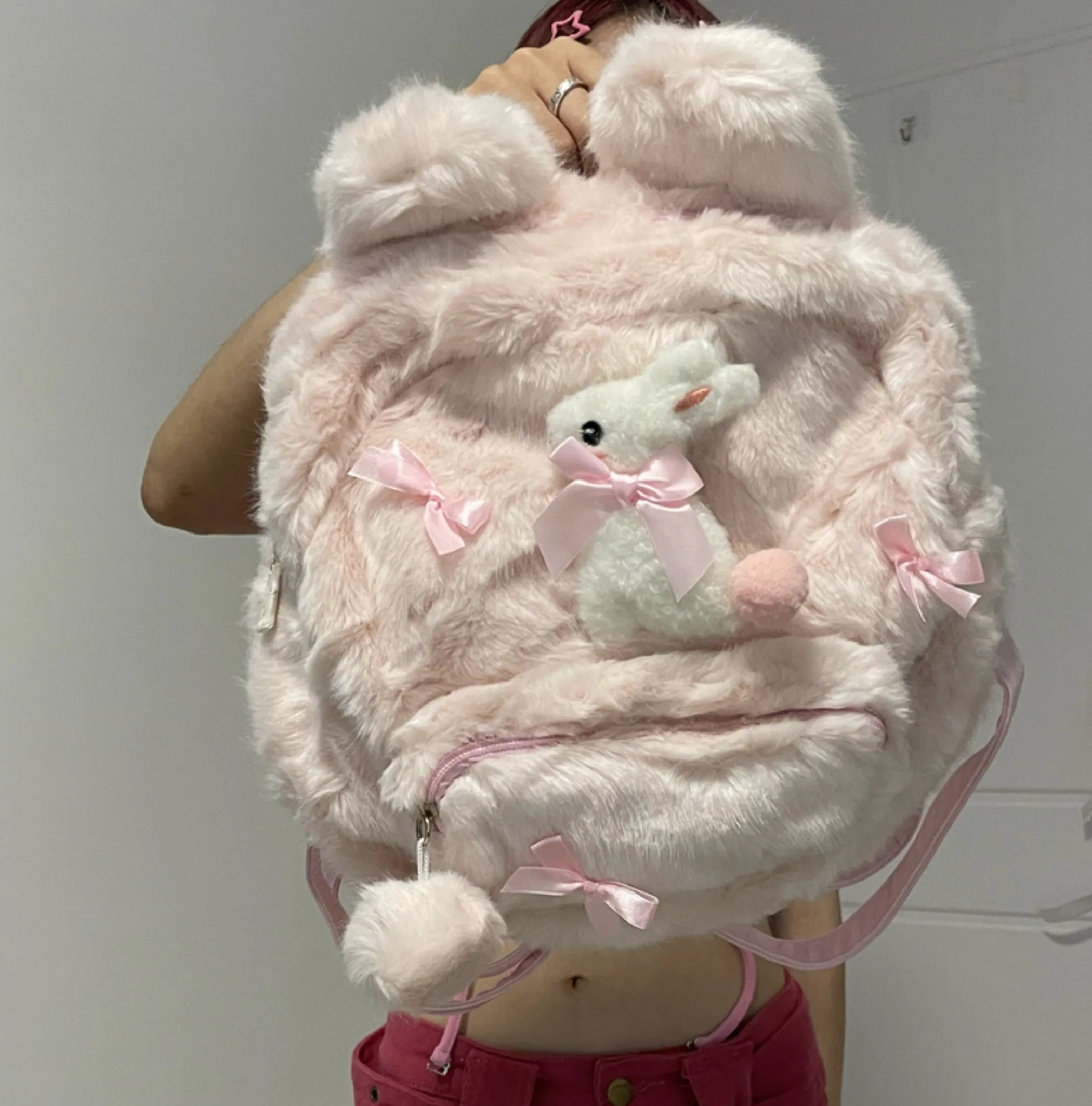 White Bunny Rabbit Doll Plush Fluff Cute Mini School Backpack Bag